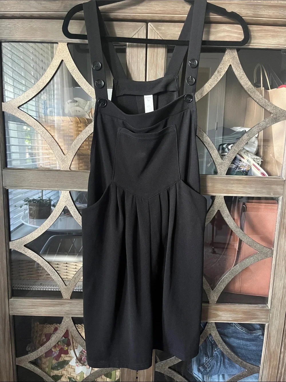 HALARA Black Mini Pinafore Dress with Button Straps